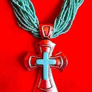 STUNNING SILVER & TURQUOISE CROSS NECKLACE